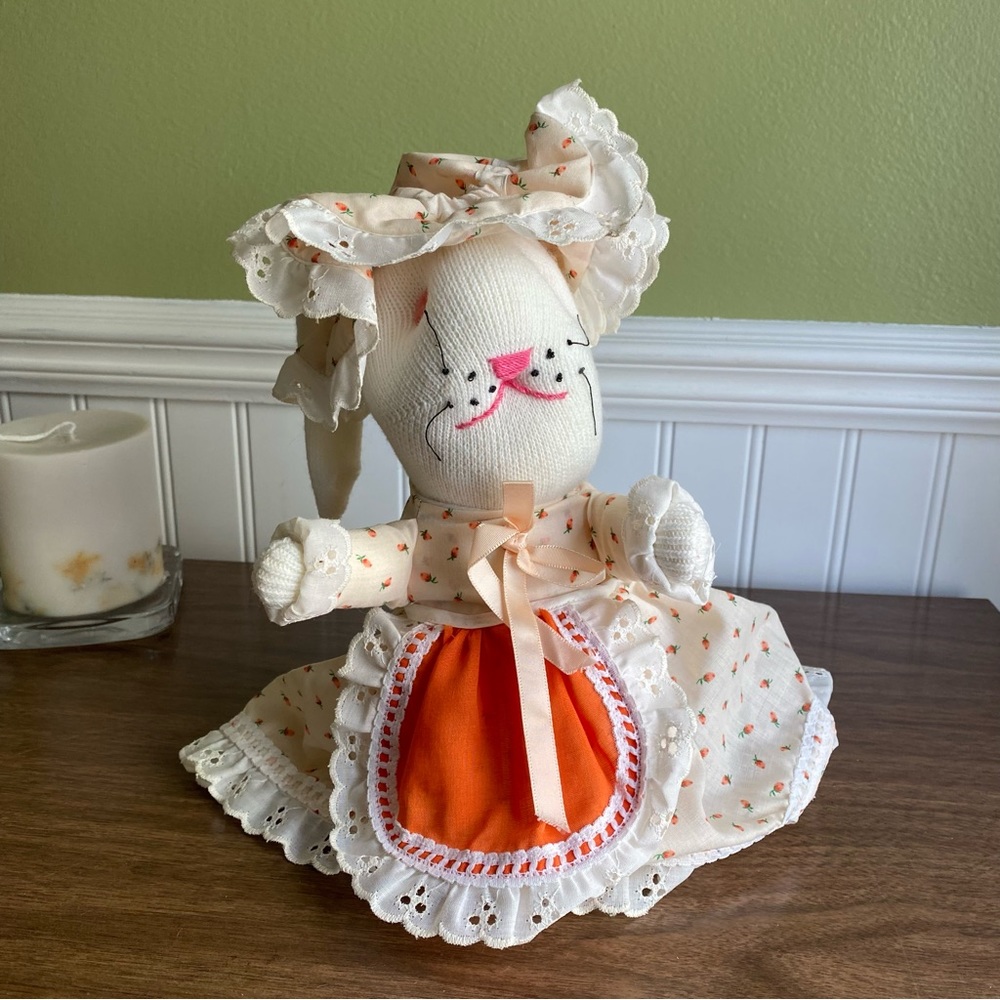 90s Handmade 10” Tall Stuffed White Easter Bunny in Carrot Print Dress and Hat